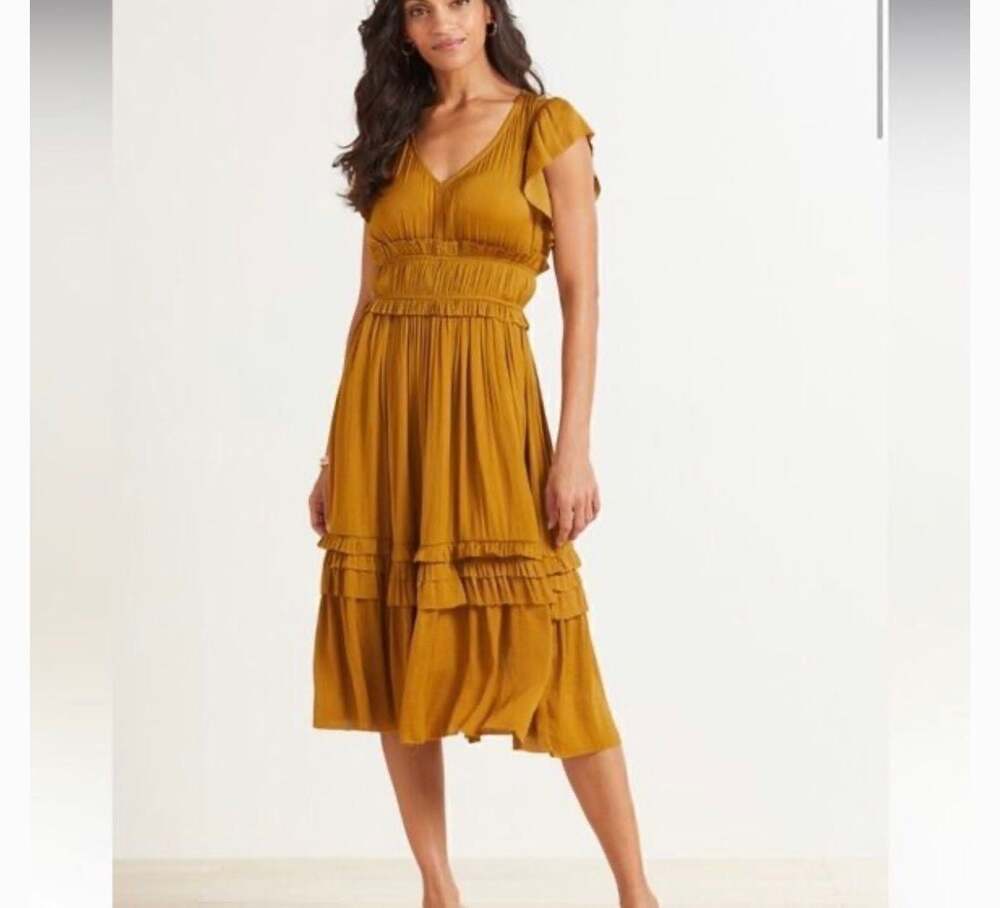 Roan + Ryan Talulah V-Neck Casual Ruffle Midi Dress Yellow Gold XS
